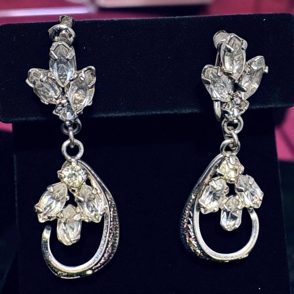 Vintage Ann Lee Sterling Silver‎ Filigree Rhinestones Screwback Dangle Earrings